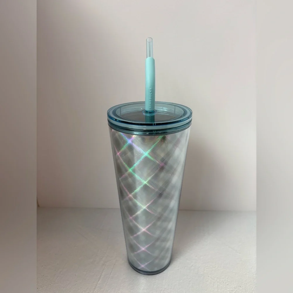 Starbucks Holographic Silver Tumbler with Blue Straw